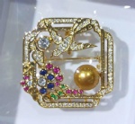 Brass square brooch ruby, sapphire, emeral , clear CZ stone and pearl